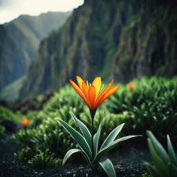 Sunlit Bloom Against Rugged Coastal Cliffs: A Serene Tropical Landscape