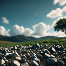 Tranquil Rocky Landscape with Mountain Backdrop and Lone Tree at Sunrise