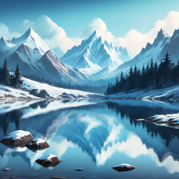Serene Winter Mountain Landscape with Frozen Lake and Snow-Covered Peaks