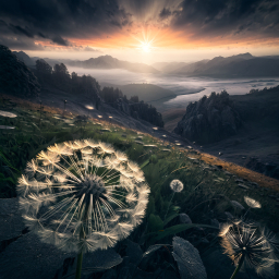 Tranquil Alpine Sunrise: Dandelions by the Mountain Lake