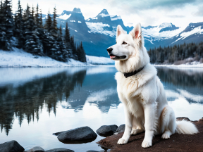 Majestic White Dog by a Tranquil Mountain Lake