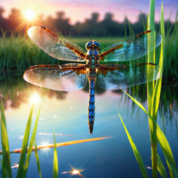 Serene Dragonfly at Sunrise: A Tranquil Moment by the Water's Edge
