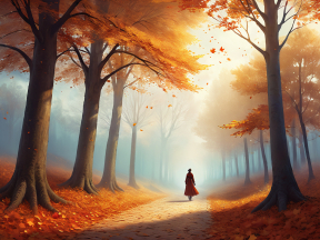 Serene Autumn Path: A Misty Morning Walk Through Vibrant Fall Foliage
