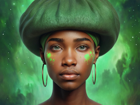 Person Wearing Glowing Green Mushroom Hat Against a Cosmic Night Background