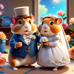 Adorable Hamster Wedding: Bride and Groom in Charming Attire Amid Floral Backdrop