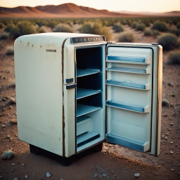 Vintage Refrigerator in Desert Landscape at Sunset