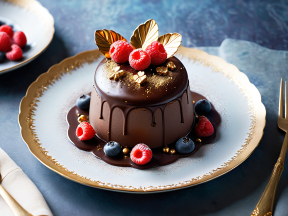 Elegant Chocolate Lava Cake with Gold Leaf and Fresh Berries Garnish