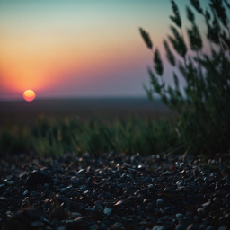 Serene Sunset Over Rocky Shoreline with Twilight Hues and Coastal Vegetation