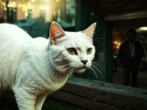 Striking Green-Eyed Cat Captured in Dynamic Urban Nightscape