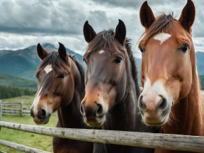 Three Healthy Horses Standing Behind a Wooden Fence in a Scenic Rural Landscape