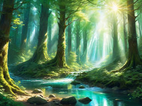 Sunlit Serenity: A Lush Forest with Moss-Covered Trees and a Gentle Stream