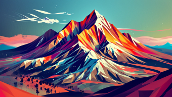 Vibrant Mountainscape: A Stylized Journey Through Colorful Peaks and Desert Terrain