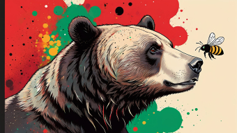 Serene Bear and Curious Bee: A Vibrant Contrast in Nature's Palette