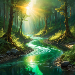 Serene Forest Sanctuary: Sunlit River Winding Through Lush Greenery