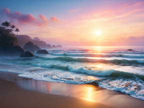 Tranquil Sunset Over a Serene Coastal Beach with Gentle Waves and Silhouetted Headland