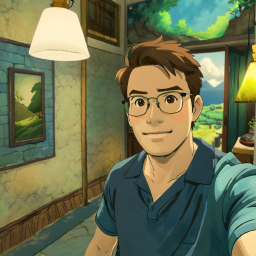 Cheerful Animated Character Taking a Selfie in Cozy Interior Setting