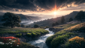 Tranquil River Landscape at Sunrise: Lush Greenery and Rolling Hills Under Dramatic Skies