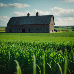 Sunlit Rural Barn Amidst Growing Barley Under a Clear Blue Sky