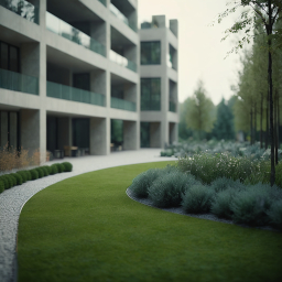 Sleek Modern Multi-Story Building with Landscaped Garden and Curved Pathway on a Cloudy Day