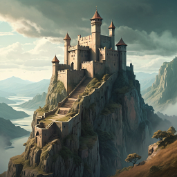 Majestic Medieval Castle on a Misty Cliff Overlooking Mountainous Waterscape