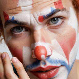 Man with Traditional Clown Makeup Featuring Red, White, and Blue Face Paint