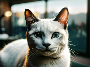 Portrait of a Light-Furred Cat with Dark Markings in Natural Indoor Light