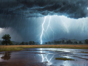 Fierce Thunderstorm Over Flooded Landscape: Lightning Strikes Illuminate Dark Skies