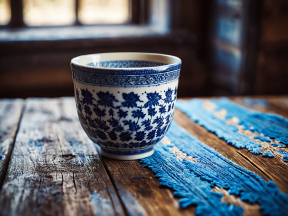 Cozy Ceramic Mug on Rustic Wooden Table with Blue Fabric Accent