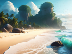 Tropical Paradise: Serene Island Beach with Lush Greenery and Rocky Cliffs