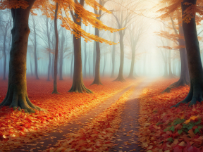 Tranquil Autumn Forest Path Bathed in Golden Light and Mist