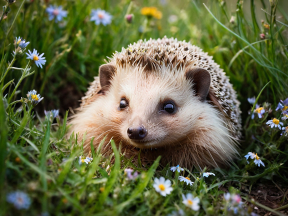 Close-Up of an Adorable Hedgehog Surrounded by Grass and Flowers