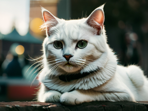 Curious Cat in Urban Setting: A Close-Up of a Collared Feline Amidst the City Blur
