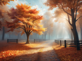 Serene Autumn Pathway: A Misty Morning in the Golden Forest