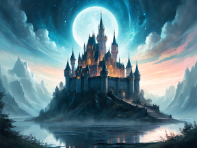 Majestic Fantasy Castle on a Mystical Moonlit Lake: A Surreal Fairy-Tale Fortress Illustration