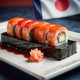 Delicious Tuna Sushi Rolls Garnished with Wasabi Tobiko and Sesame Seeds, Served with Pickled Ginger Against a Japanese Flag Backdrop