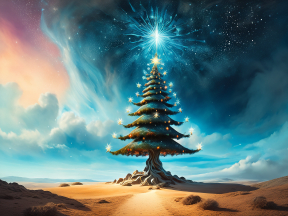 Enchanted Christmas: A Surreal Floating Tree Beneath the Starlit Desert Sky