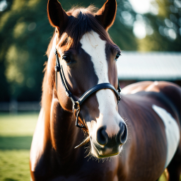 Curious Brown and White Horse Standing in a Grassy Field with Bridle