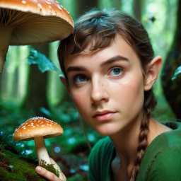 Enchanted Forest Fantasy: A Magical Elf Among Mushrooms and Foliage