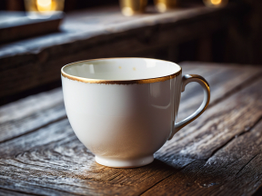 Elegant Coffee Cup with Golden Accents in a Cozy, Warmly Lit Setting