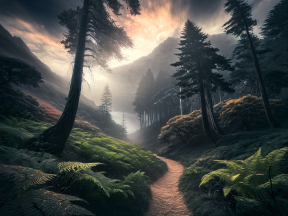 Mystical Forest Path at Dawn: A Serene Journey Through Mist and Moss