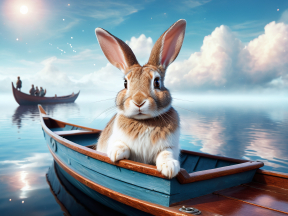 Tranquil Waters: A Serene Sunset with a Cartoon Rabbit and Canoeists