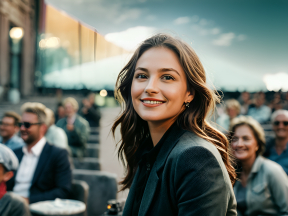 Smiling Woman at Indoor Event Surrounded by Attentive Audience