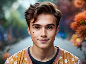 Smiling Individual in Floral Shirt Poses Outdoors Amid Lush Greenery