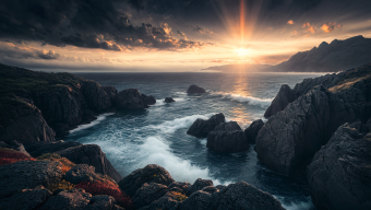 Stormy Coastal Cliffs at Sunset: A Dramatic Display of Nature's Raw Beauty