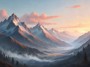 Serene Mountain Landscape at Sunrise with Misty Valley and Snow-Capped Peaks