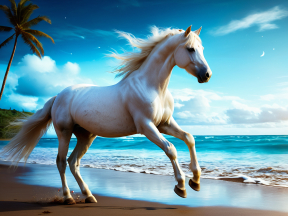 Majestic White Horse Galloping Along a Serene Beach at Sunrise