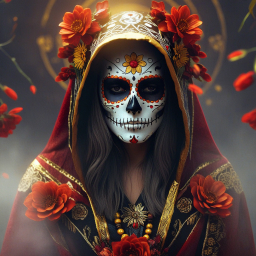 Vibrant Day of the Dead Celebration: Traditional Sugar Skull Mask and Cultural Attire