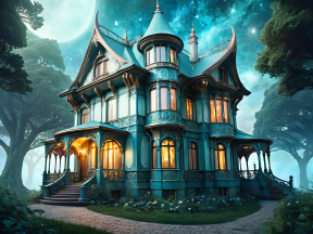 Enchanted Fairy Tale Mansion Amidst a Mystical Forest Nightscape