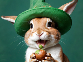 Festive Rabbit in Shamrock Top Hat Holding Acorn Celebrates St. Patrick’s Day