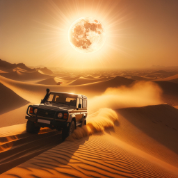 Surreal Desert Journey: SUV Traversing Twin-Moon Sand Dunes at Sunset